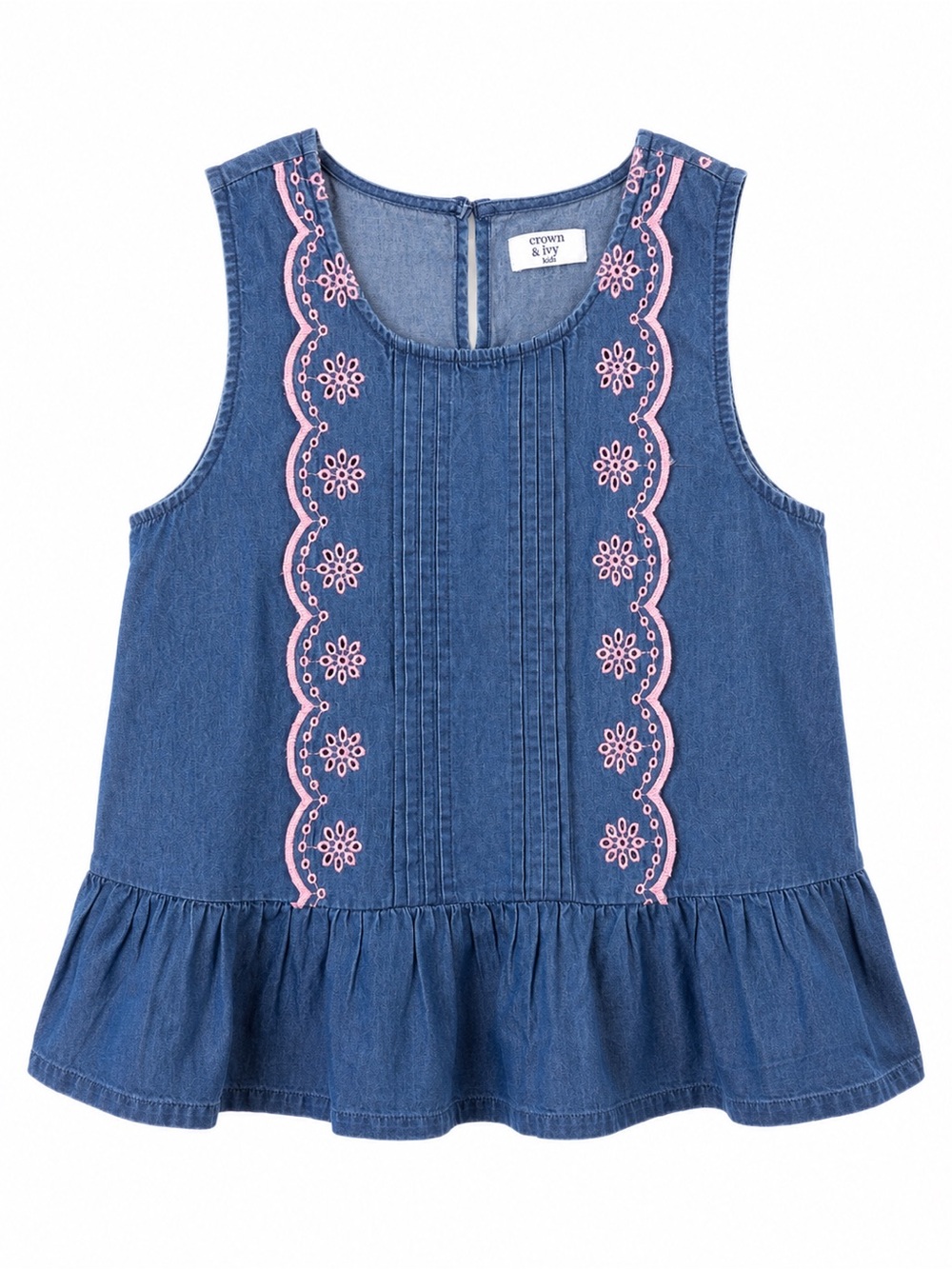 crown & ivy Blue Denim Tank Top with Pink Embroidery-00B